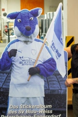 Fertiger Aufsteller für ein Vereinsprojekt, Maskottchen mit Fahne und Hinweis auf das Stickeralbum